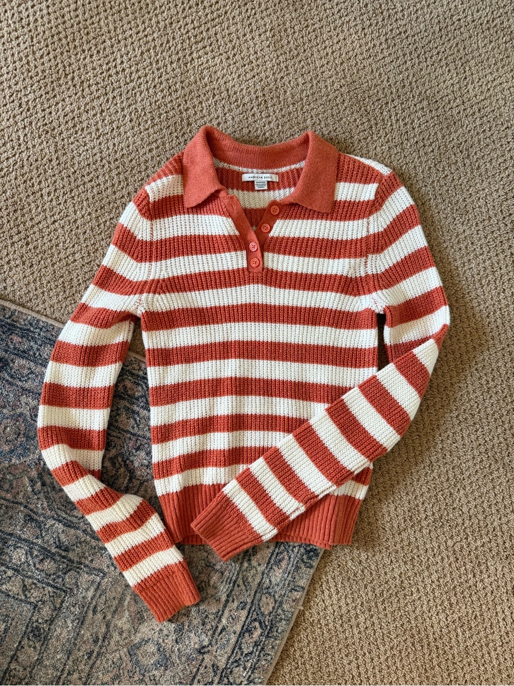 American Eagle Outfitters Rust & Cream Striped V-Neck Polo Sweater
